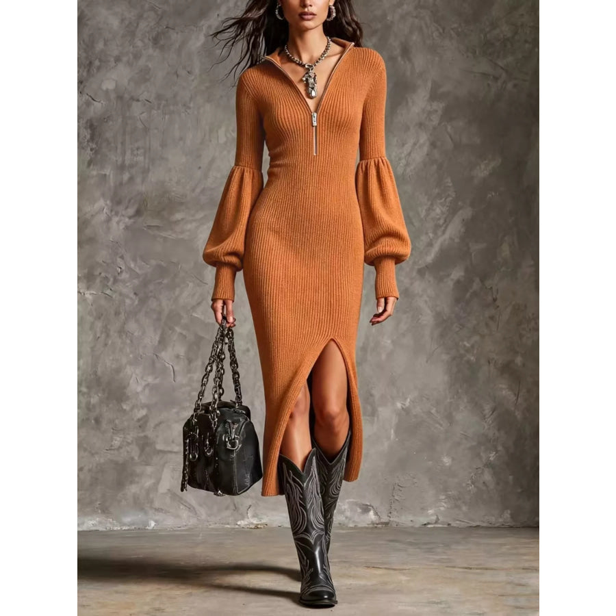 Ribbed Knit Quarter-Zip Lantern Sleeve Sweater Dress Ochre / S