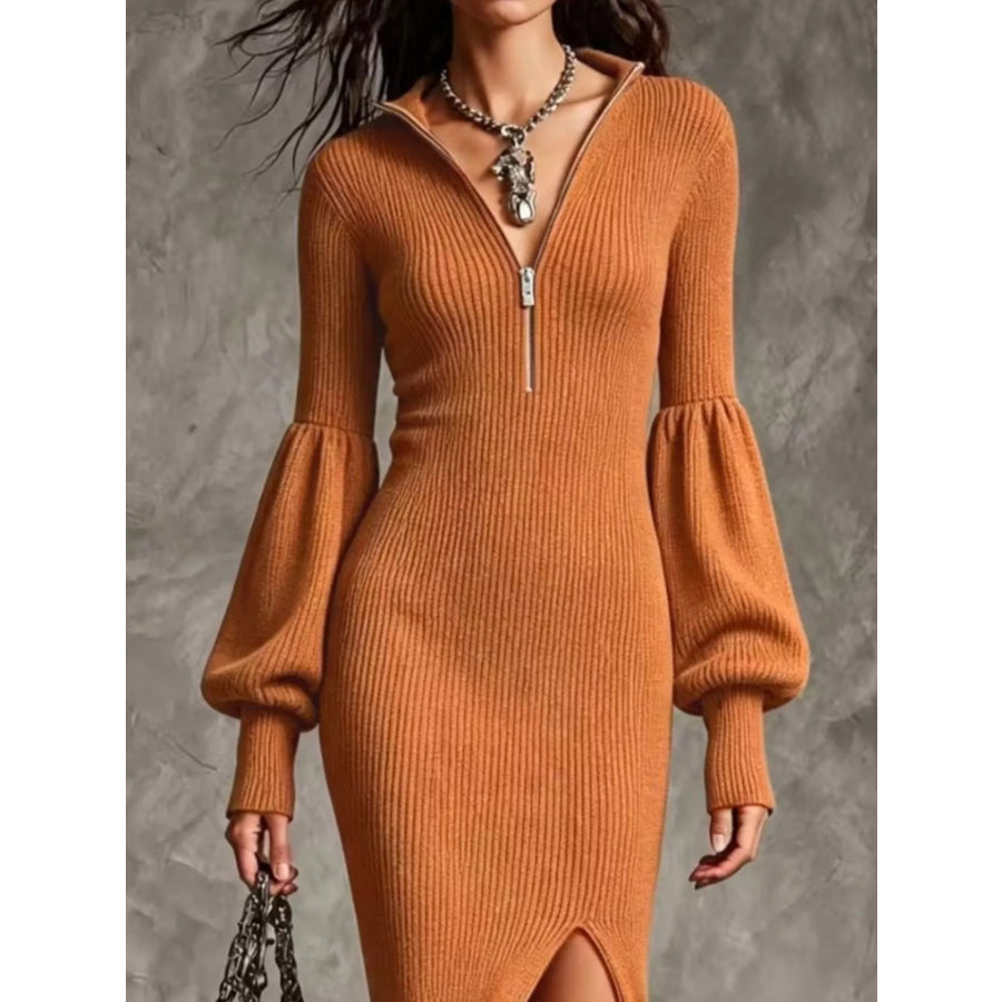 Ribbed Knit Quarter-Zip Lantern Sleeve Sweater Dress