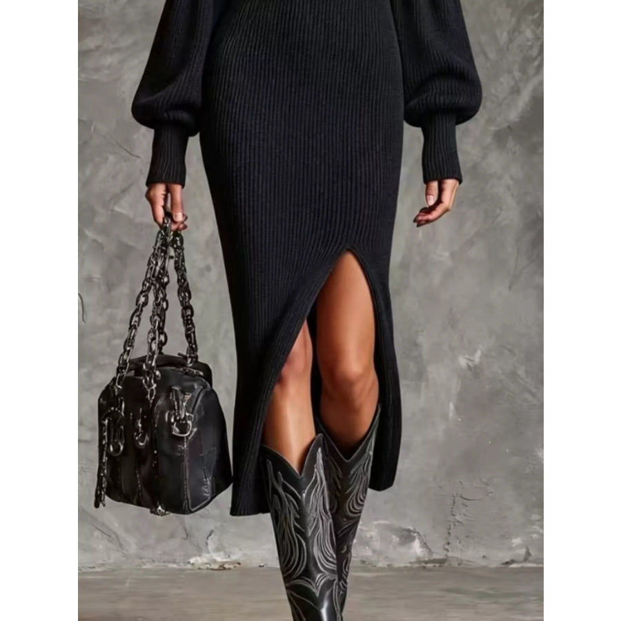 Ribbed Knit Quarter-Zip Lantern Sleeve Sweater Dress