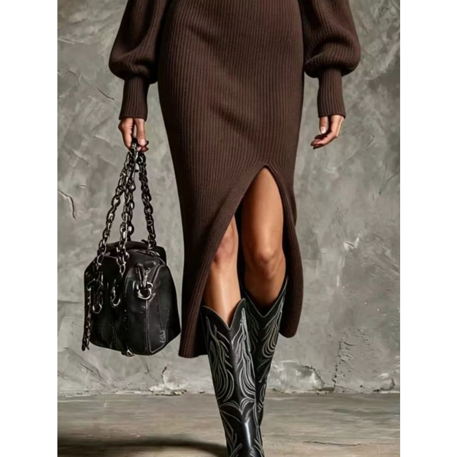Ribbed Knit Quarter-Zip Lantern Sleeve Sweater Dress