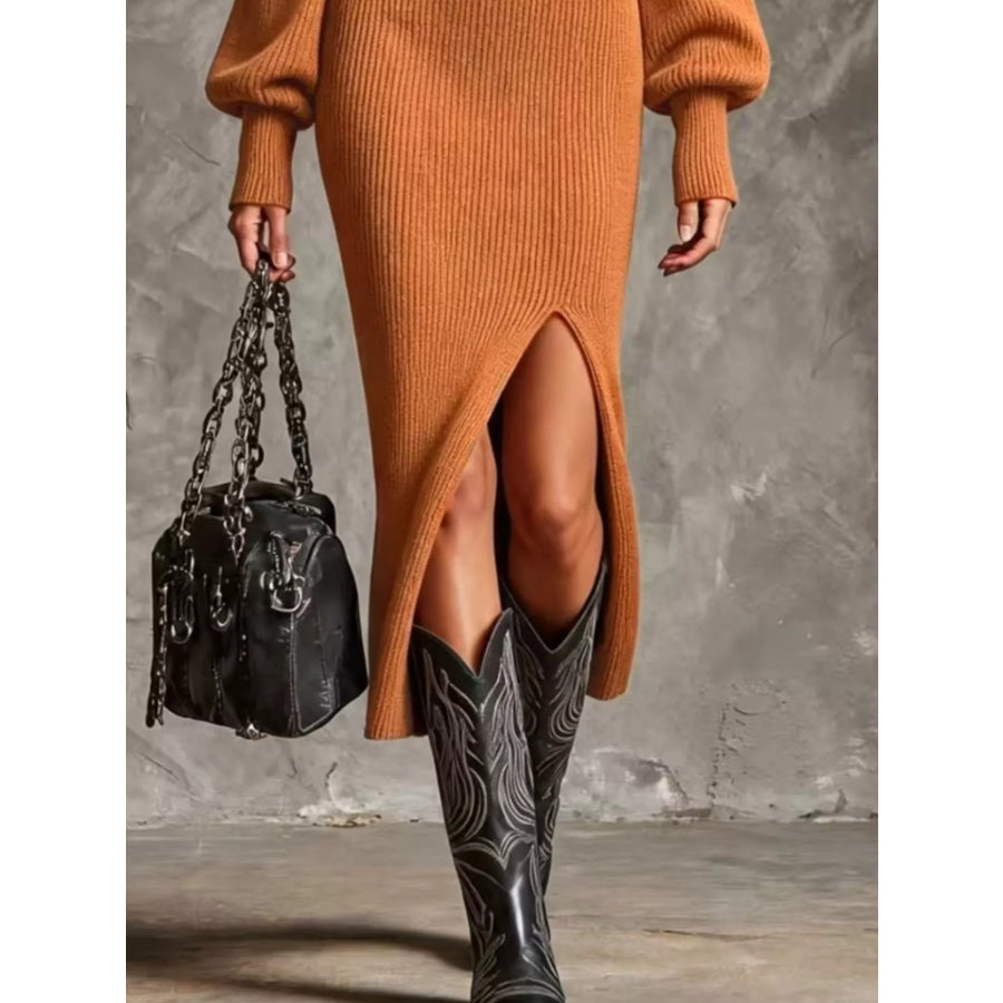 Ribbed Knit Quarter-Zip Lantern Sleeve Sweater Dress
