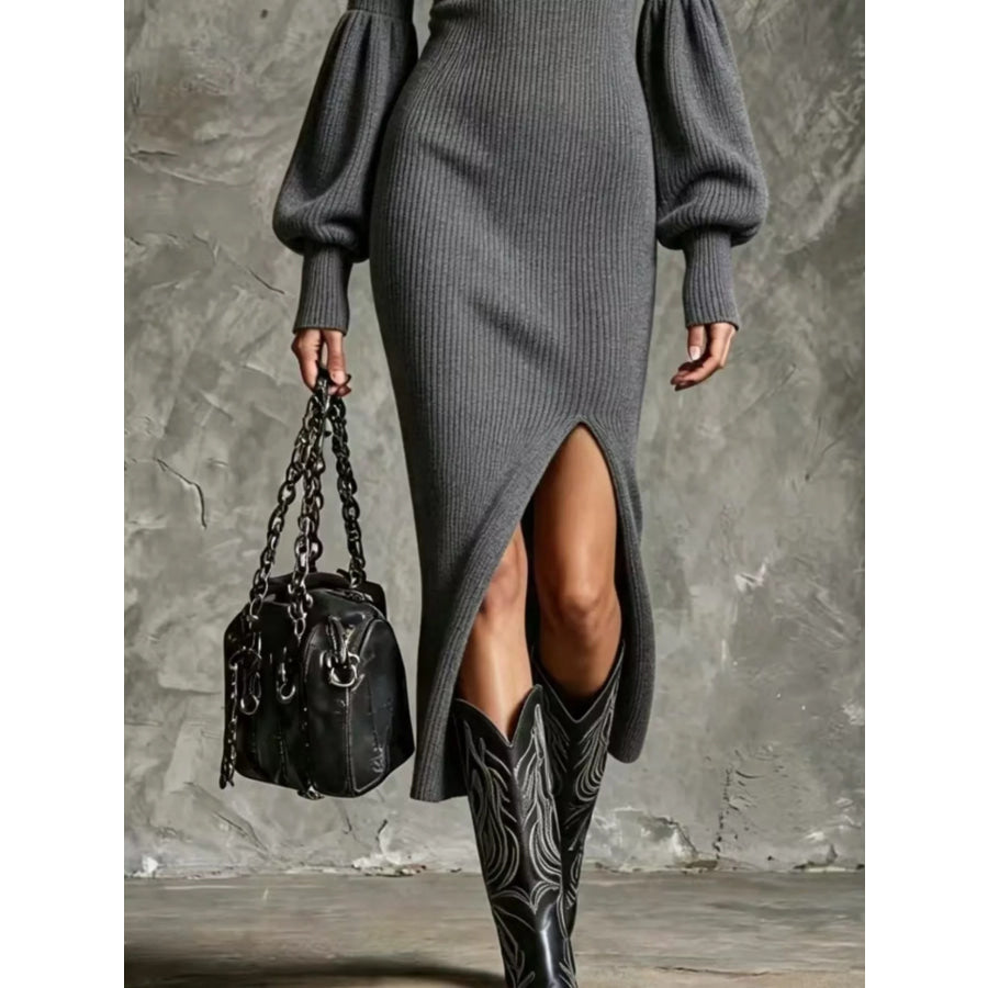 Ribbed Knit Quarter-Zip Lantern Sleeve Sweater Dress