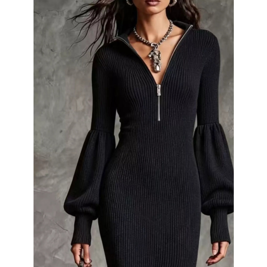 Ribbed Knit Quarter-Zip Lantern Sleeve Sweater Dress