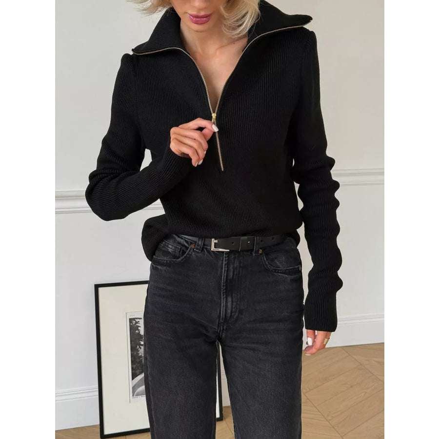 Ribbed Knit Quarter-Zip Sweater Black / S Apparel and Accessories