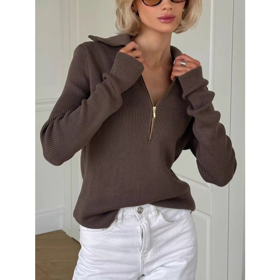 Ribbed Knit Quarter-Zip Sweater Brown / S Apparel and Accessories