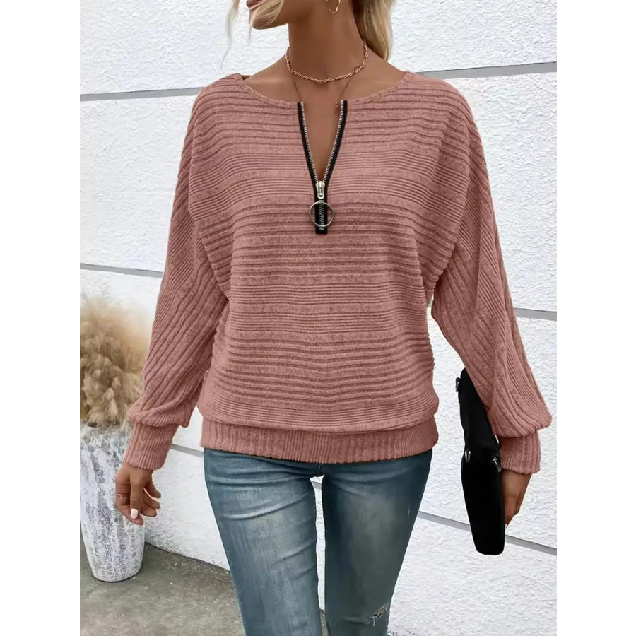 Ribbed Knit Quarter Zip Sweatshirt Apparel and Accessories