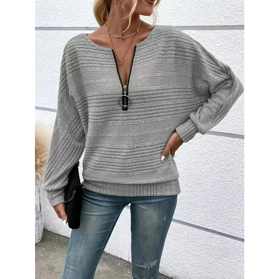 Ribbed Knit Quarter Zip Sweatshirt Apparel and Accessories