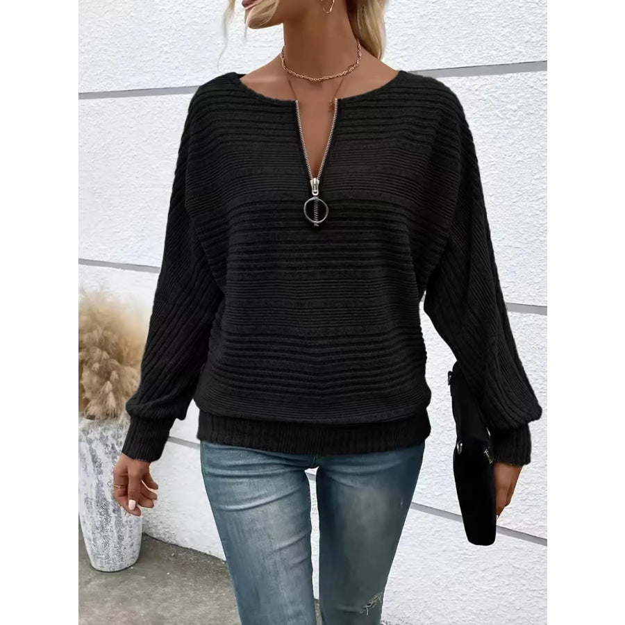 Ribbed Knit Quarter Zip Sweatshirt Black / S Apparel and Accessories
