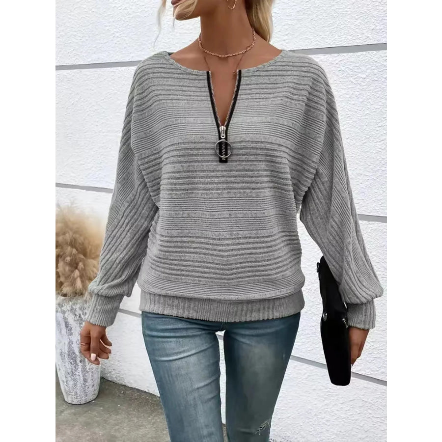 Ribbed Knit Quarter Zip Sweatshirt Gray / S Apparel and Accessories