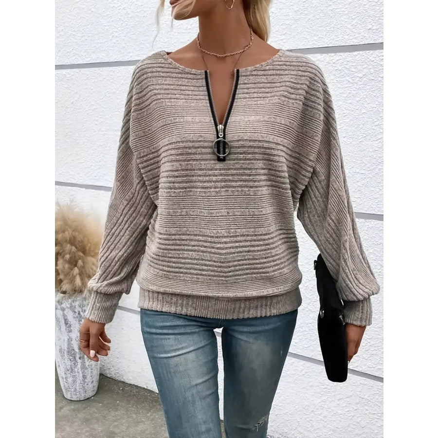 Ribbed Knit Quarter Zip Sweatshirt Khaki / S Apparel and Accessories