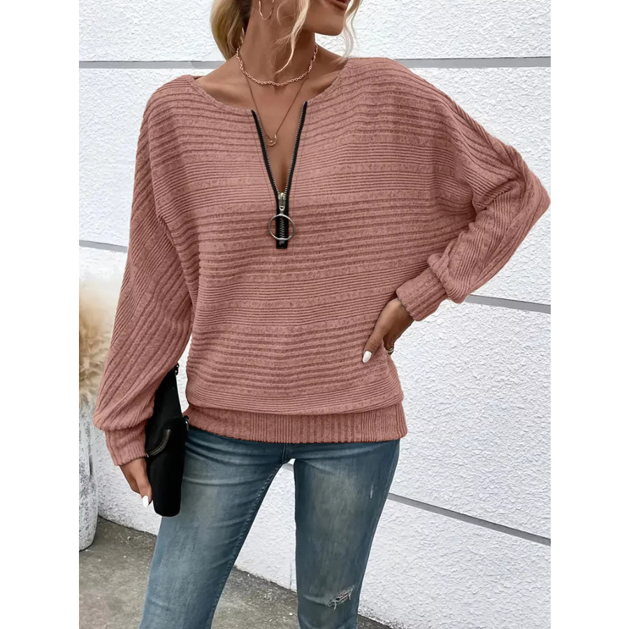 Ribbed Knit Quarter Zip Sweatshirt Pink / S Apparel and Accessories