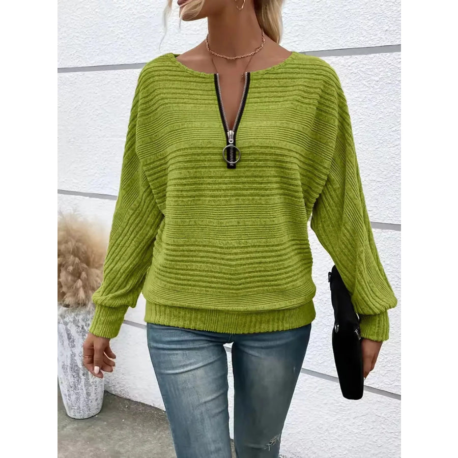 Ribbed Knit Quarter Zip Sweatshirt Sage / S Apparel and Accessories