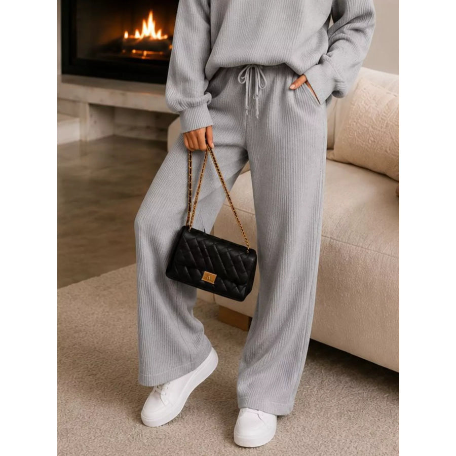 Ribbed Knit Quarter-Zip Top and Wide-Leg Pants Set Apparel and Accessories
