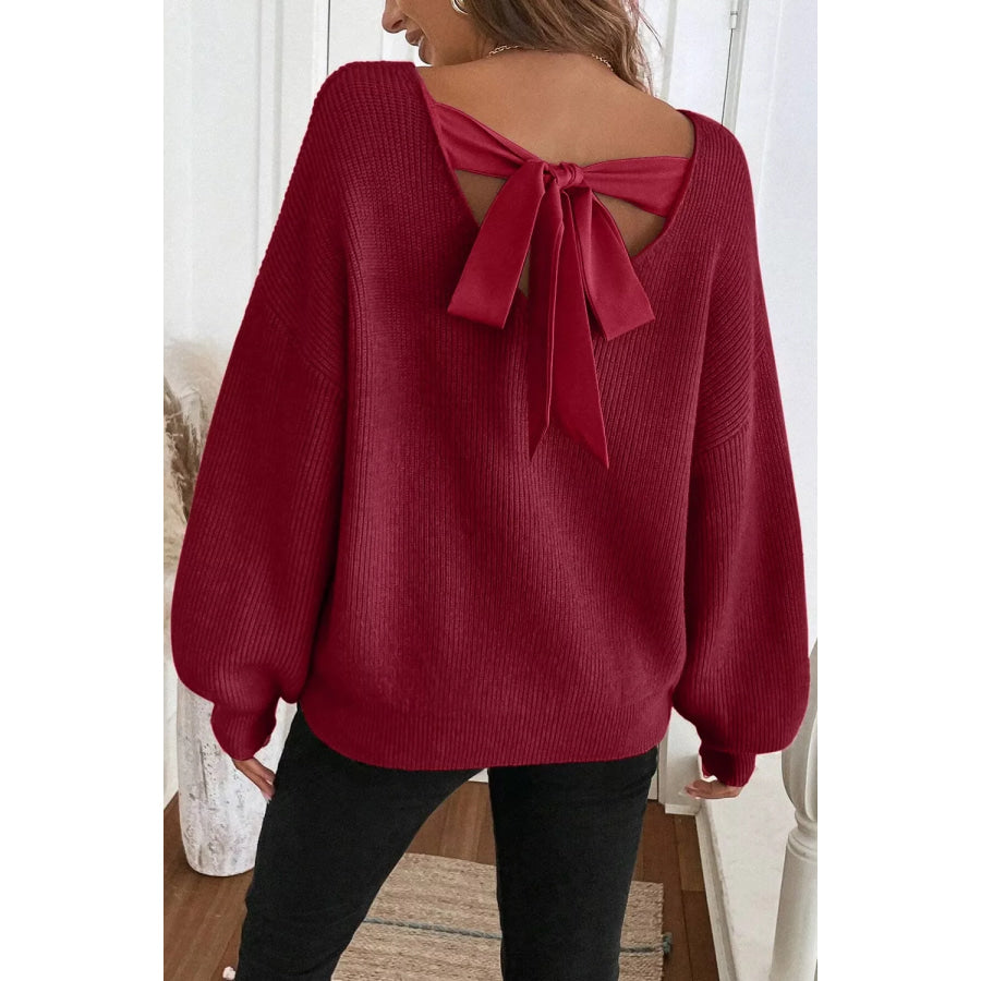 Ribbed Knit Ribbon Knot Backless Drop Shoulder Sweater Apparel and Accessories