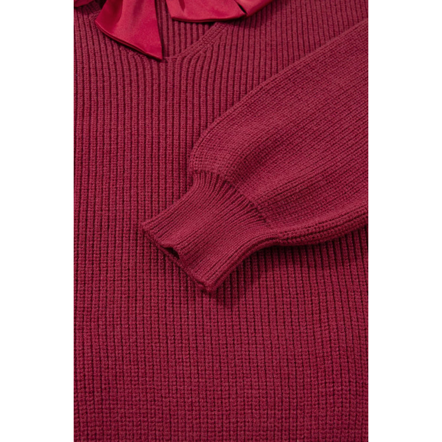 Ribbed Knit Ribbon Knot Backless Drop Shoulder Sweater Apparel and Accessories