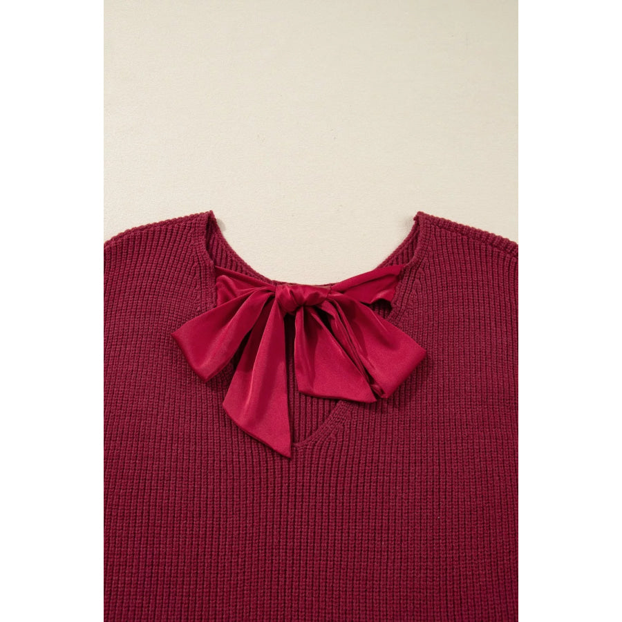 Ribbed Knit Ribbon Knot Backless Drop Shoulder Sweater Apparel and Accessories