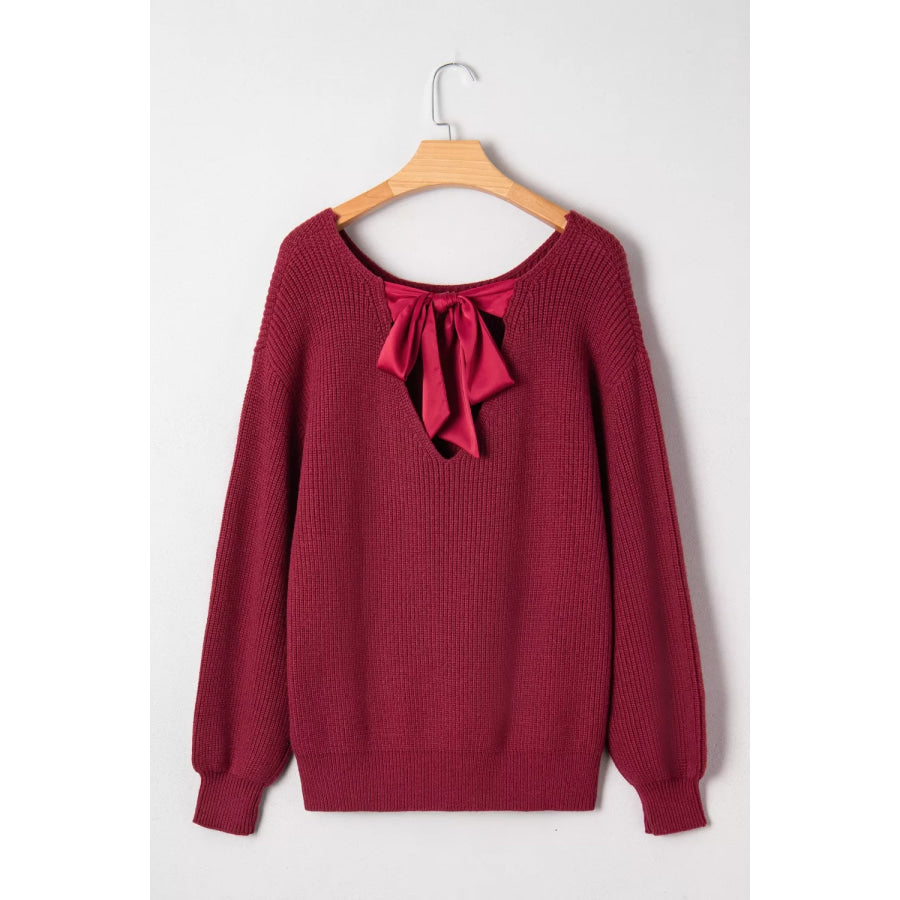 Ribbed Knit Ribbon Knot Backless Drop Shoulder Sweater Apparel and Accessories