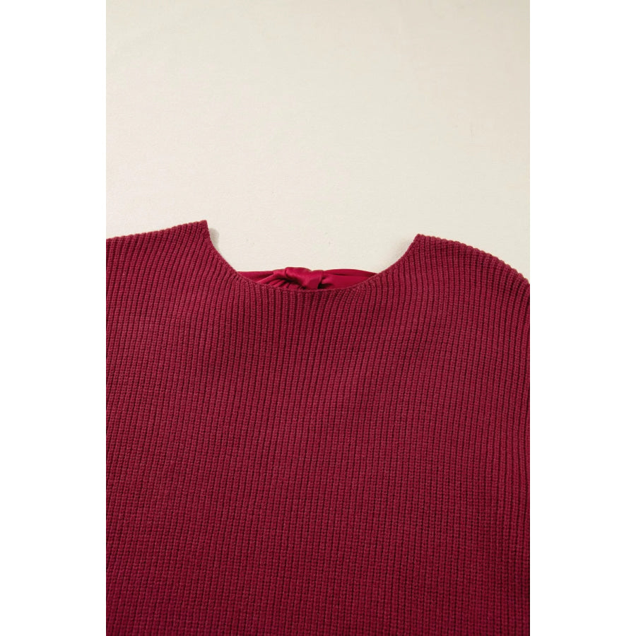 Ribbed Knit Ribbon Knot Backless Drop Shoulder Sweater Apparel and Accessories