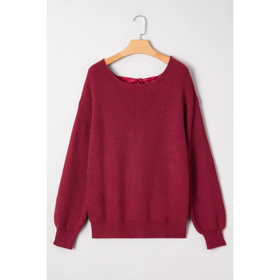 Ribbed Knit Ribbon Knot Backless Drop Shoulder Sweater Apparel and Accessories