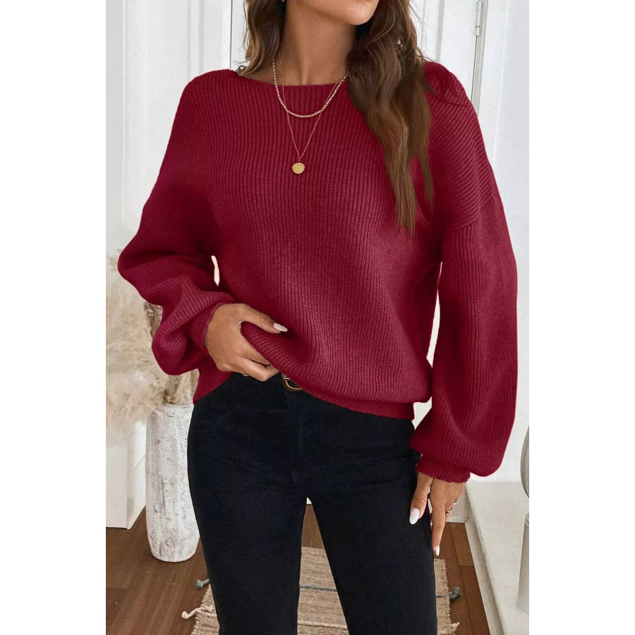 Ribbed Knit Ribbon Knot Backless Drop Shoulder Sweater Apparel and Accessories