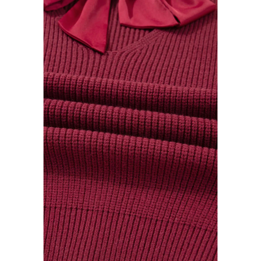 Ribbed Knit Ribbon Knot Backless Drop Shoulder Sweater Apparel and Accessories