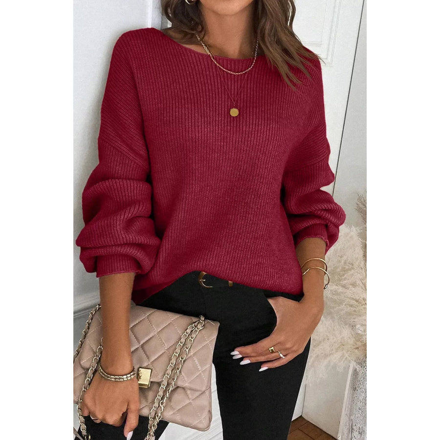 Ribbed Knit Ribbon Knot Backless Drop Shoulder Sweater Burgundy / S Apparel and Accessories