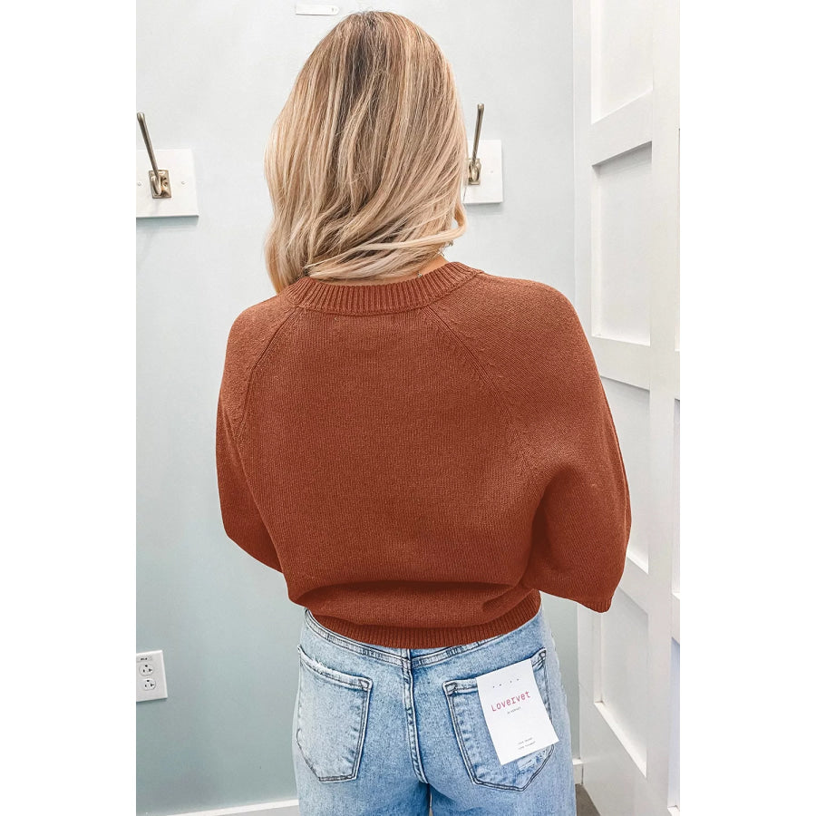 Ribbed Knit Round Neck Short Sleeve Sweater Apparel and Accessories