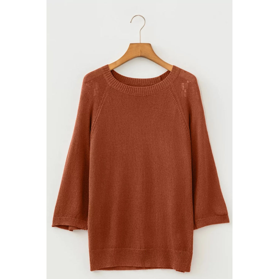 Ribbed Knit Round Neck Short Sleeve Sweater Apparel and Accessories