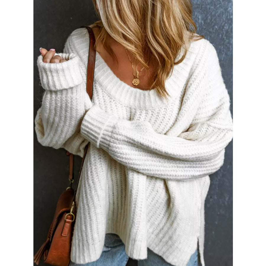 Ribbed Knit Round Neck Slouchy Chunky Sweater Apparel and Accessories
