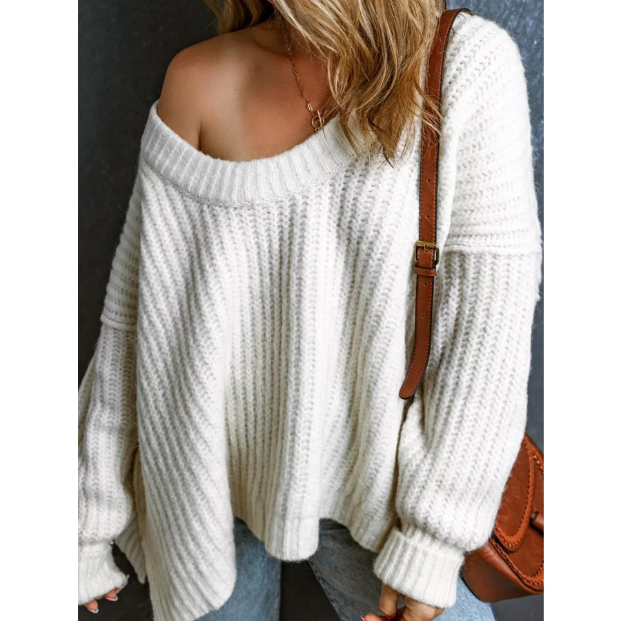 Ribbed Knit Round Neck Slouchy Chunky Sweater Apparel and Accessories