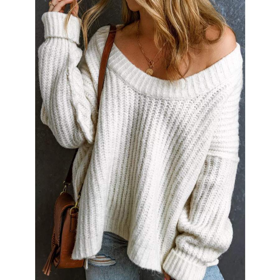 Ribbed Knit Round Neck Slouchy Chunky Sweater Apparel and Accessories