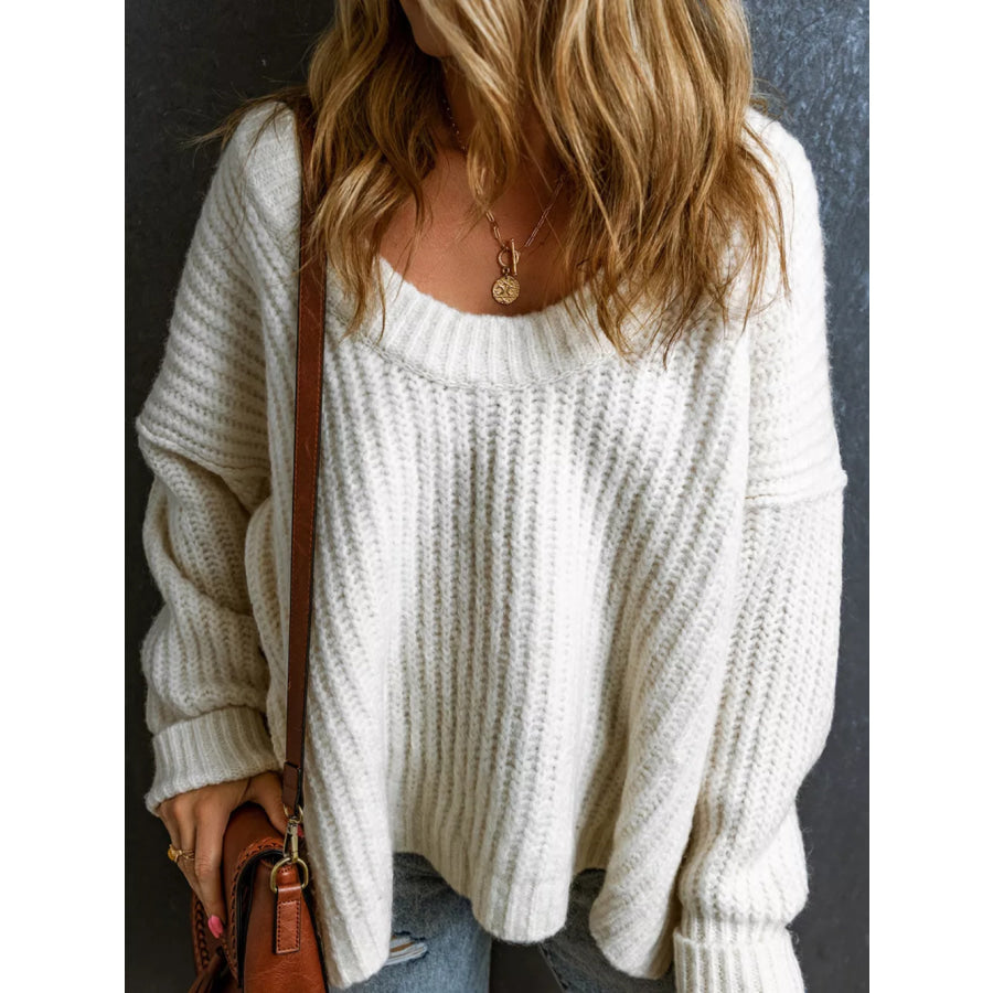 Ribbed Knit Round Neck Slouchy Chunky Sweater White / S Apparel and Accessories