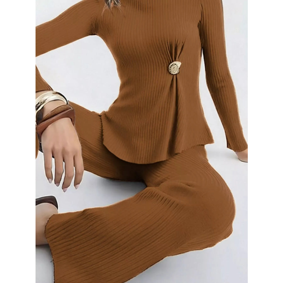 Ribbed Knit Round Neck Top and Pants Sweater Set Apparel and Accessories