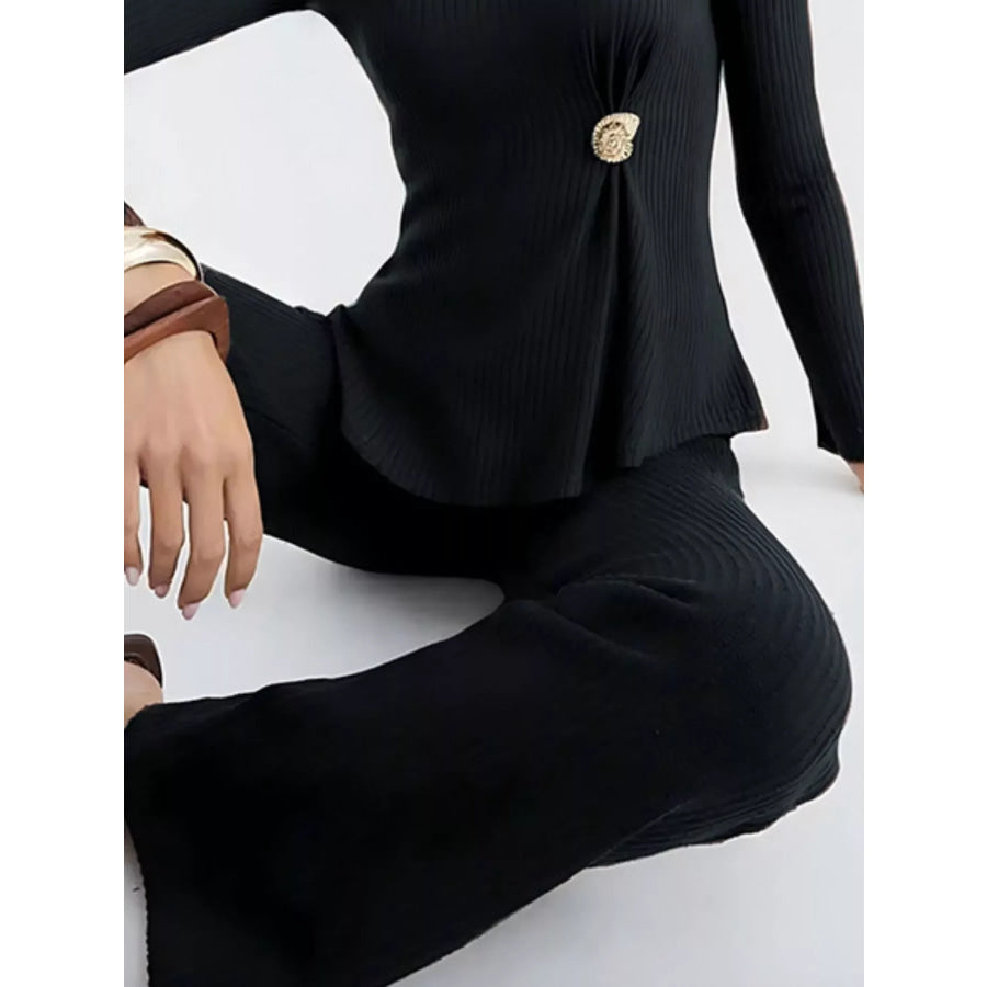 Ribbed Knit Round Neck Top and Pants Sweater Set Apparel and Accessories