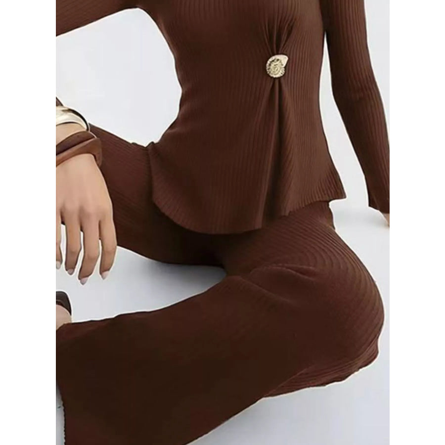 Ribbed Knit Round Neck Top and Pants Sweater Set Apparel and Accessories