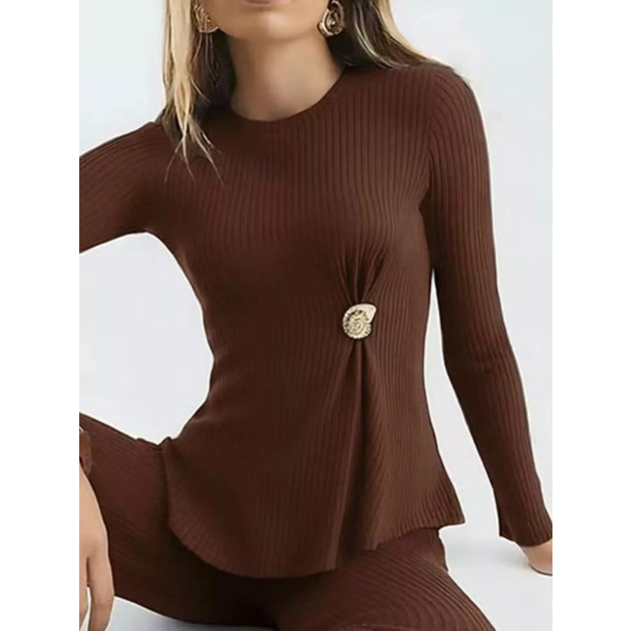 Ribbed Knit Round Neck Top and Pants Sweater Set Apparel and Accessories
