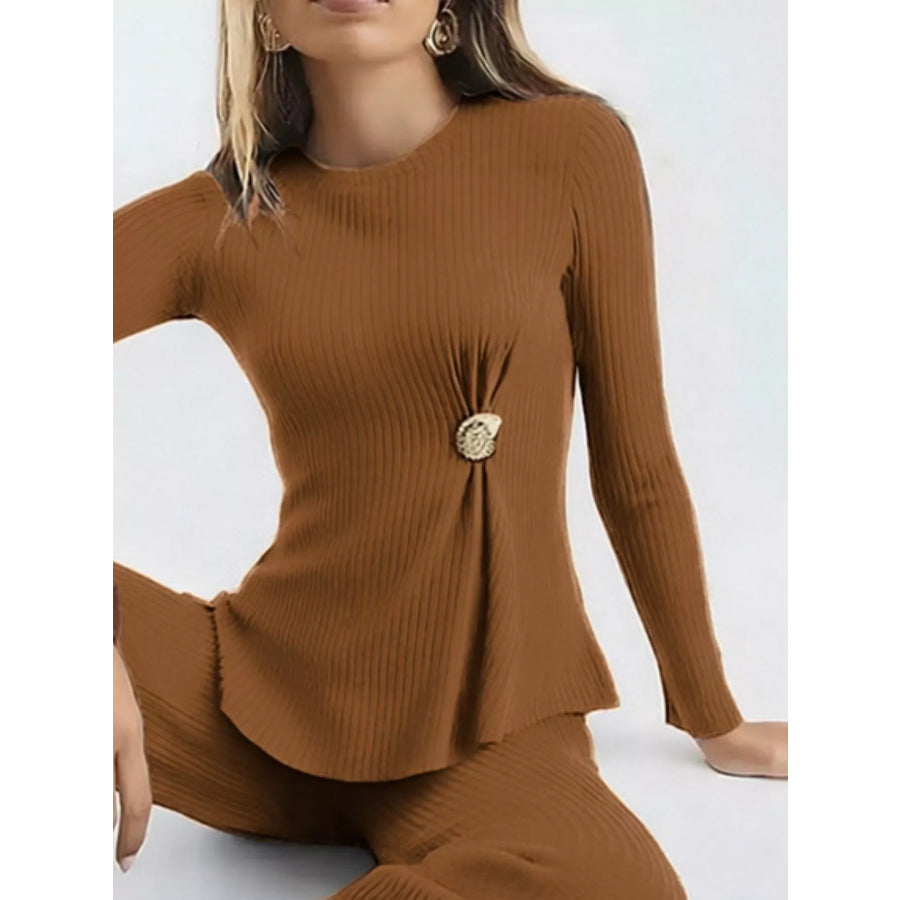 Ribbed Knit Round Neck Top and Pants Sweater Set Apparel and Accessories