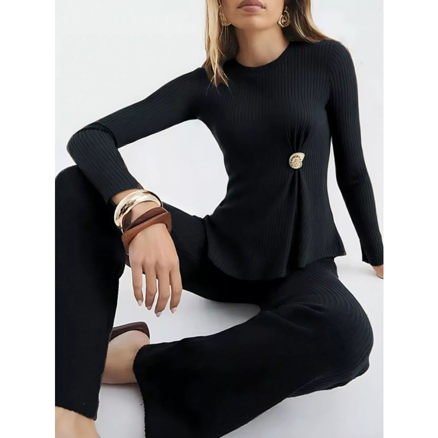Ribbed Knit Round Neck Top and Pants Sweater Set Black / S Apparel and Accessories