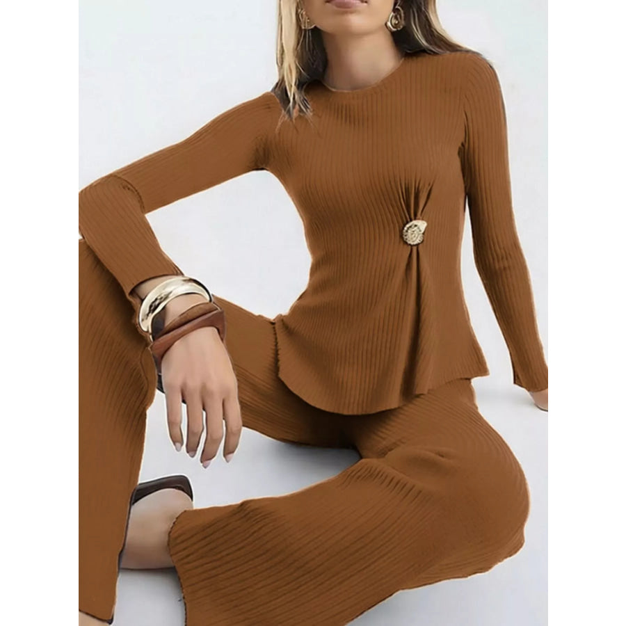 Ribbed Knit Round Neck Top and Pants Sweater Set Caramel / S Apparel and Accessories
