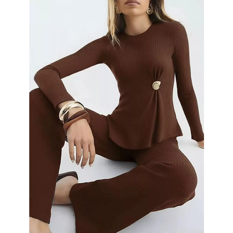 Ribbed Knit Round Neck Top and Pants Sweater Set Dark Brown / S Apparel and Accessories