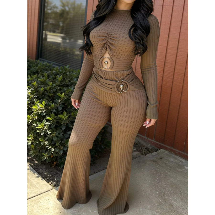 Ribbed Knit Ruched Cut-Out Jumpsuit Brown / S Apparel and Accessories