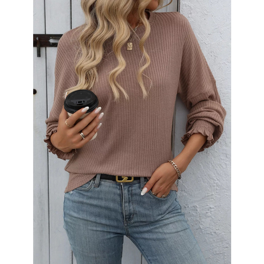 Ribbed Knit Ruffle Cuff T-Shirt Apparel and Accessories