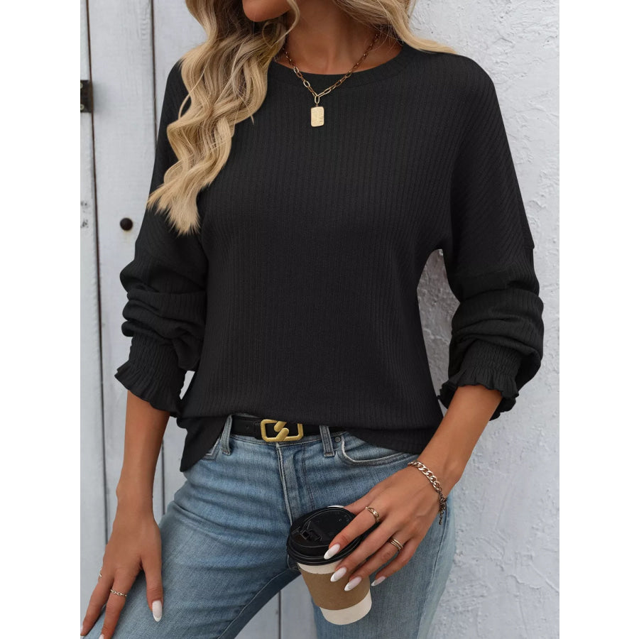 Ribbed Knit Ruffle Cuff T-Shirt Apparel and Accessories