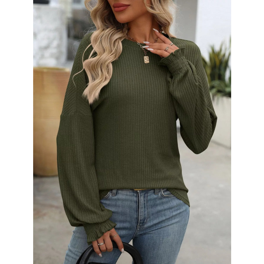 Ribbed Knit Ruffle Cuff T-Shirt Apparel and Accessories