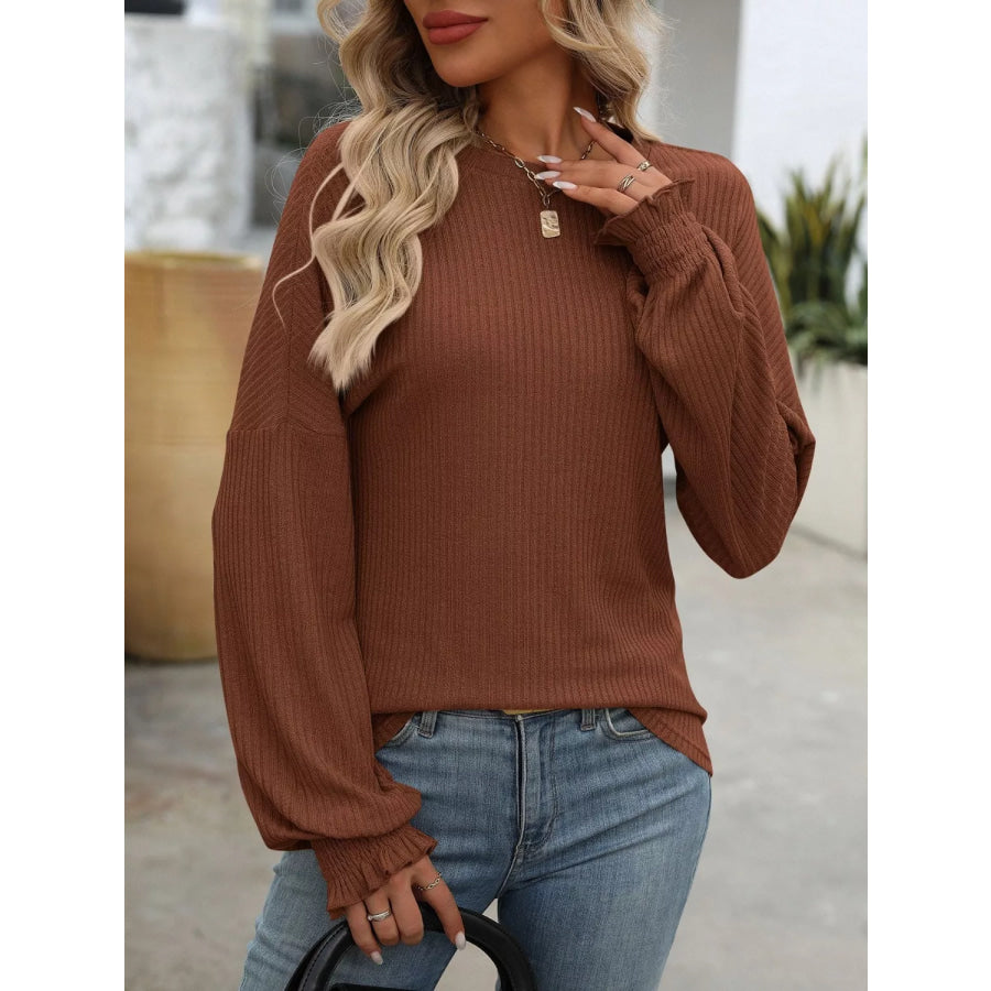 Ribbed Knit Ruffle Cuff T-Shirt Apparel and Accessories