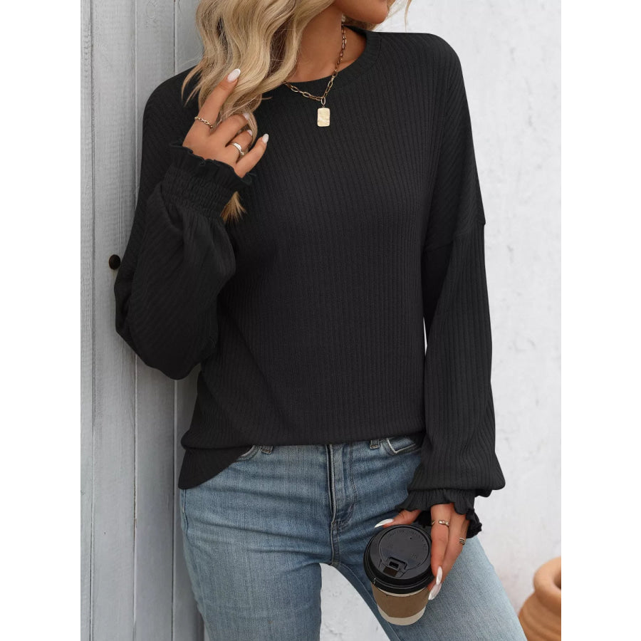 Ribbed Knit Ruffle Cuff T-Shirt Apparel and Accessories