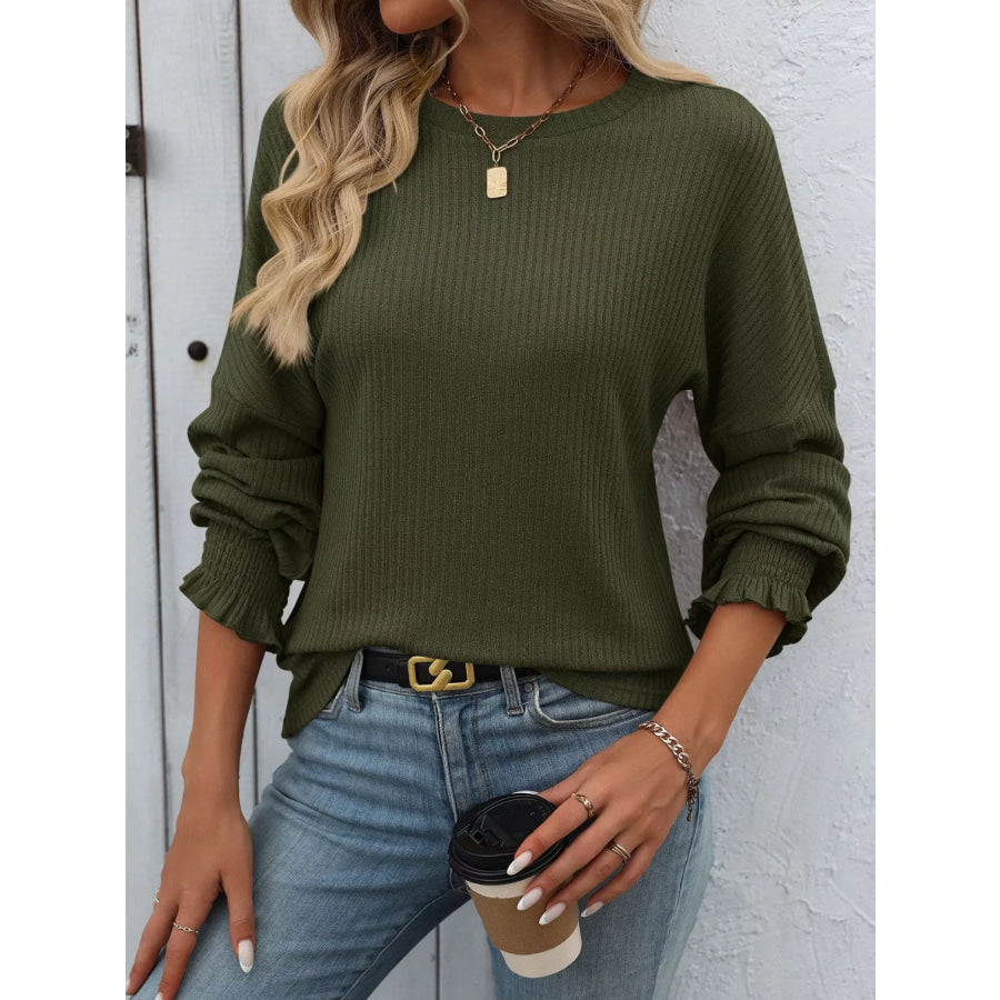 Ribbed Knit Ruffle Cuff T-Shirt Apparel and Accessories