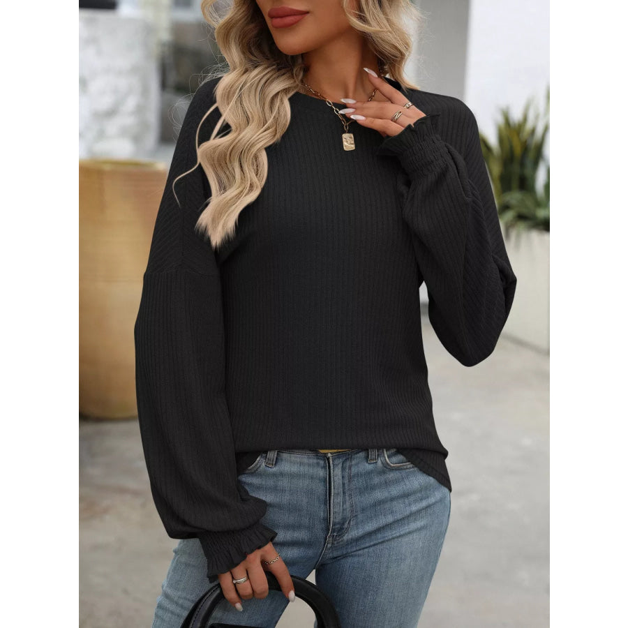 Ribbed Knit Ruffle Cuff T-Shirt Black / S Apparel and Accessories