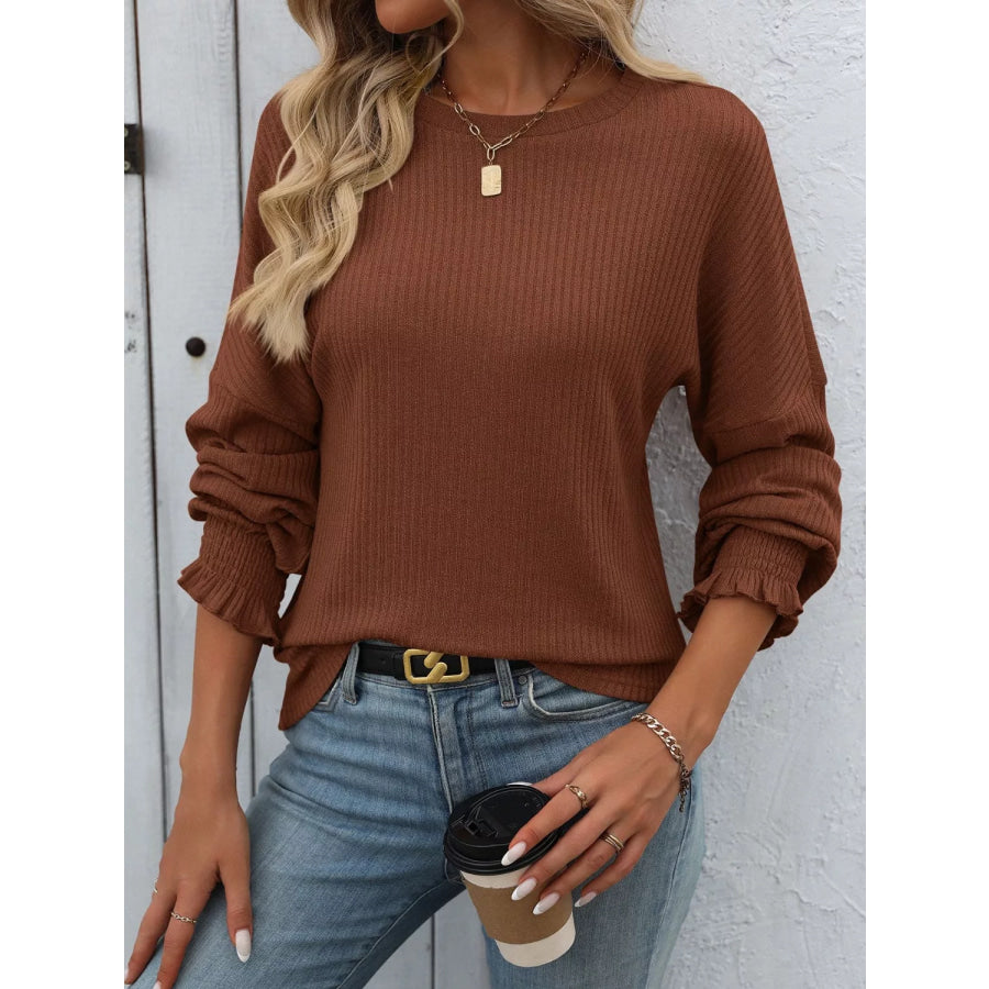 Ribbed Knit Ruffle Cuff T-Shirt Dark Brown / S Apparel and Accessories