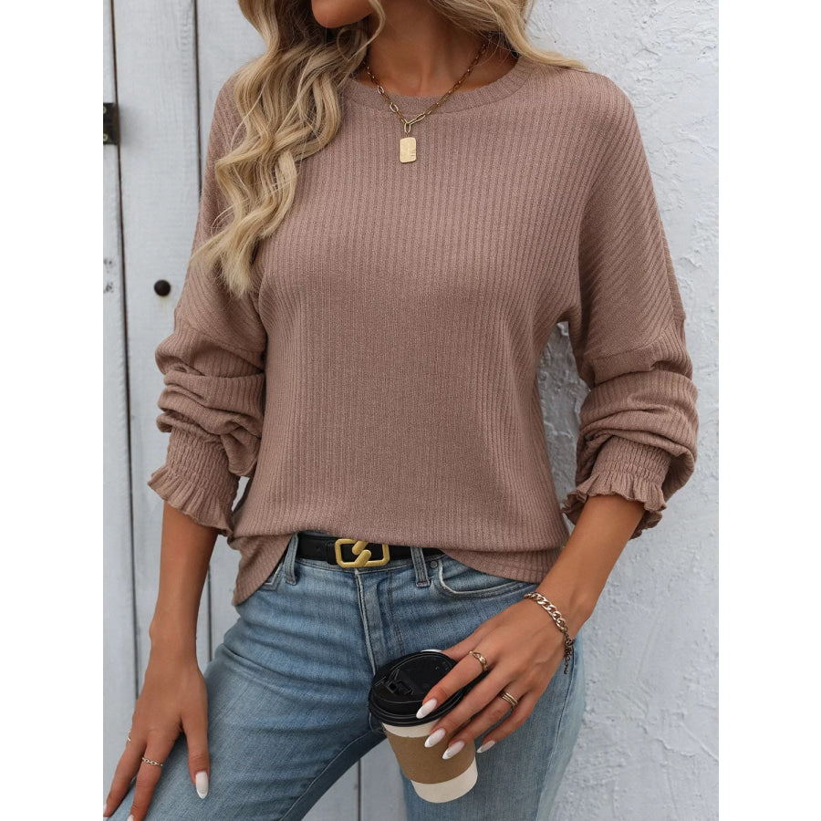 Ribbed Knit Ruffle Cuff T-Shirt Taupe / S Apparel and Accessories